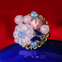 Retro Sweet Beauty Ornament Ring Butterfly Female National Wind Index Finger Big Ring Pink Jade Medullary Glazed Peach Flowers