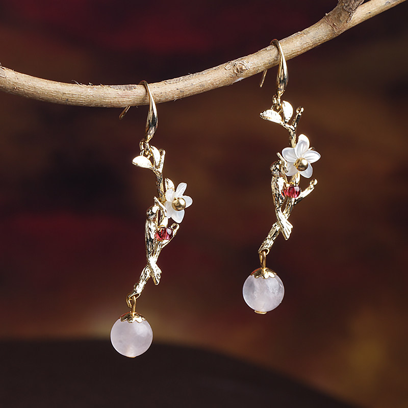 Powder Crystal Lukewarm Wind Earrings Girl Super Fairy SUPER fairy New earrings Short Ear Accessories Sweet And Cute China Wind Ornaments