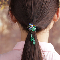 Colorful butterfly degree green agate Dongling jade fabric leather band adult Hairband hair accessories ancient style hair rope female headdress