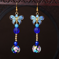 Vintage earrings short double-sided butterfly earrings colored glazed handmade jewelry national temperament female autumn and winter ear clip earrings