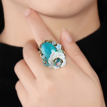 Chinese style ring index finger retro hipster blue chalcedony flower opening adjustable ring ancient hand jewelry women