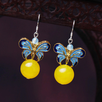 Ethnic style earrings short yellow chalcedony double-sided butterfly retro earrings women hypoallergenic autumn and winter jewelry temperament earrings