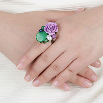 Retro ring female food ring opening personality exaggerated ring ring ring ring purple flower green chalcedony National style decoration