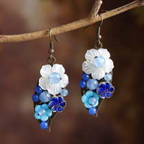 Ethnic wind earrings willow leaf blue short hair ear clip no ear hole female retro hipster earrings temperament antique ear ornaments