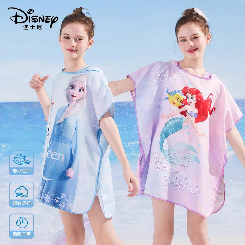 Disney Children's Quick-Dry Swimming Bathrobe for Girls, Portable Bath Towel with Cape, Absorbent and Quick-Drying Wearable Beach Towel