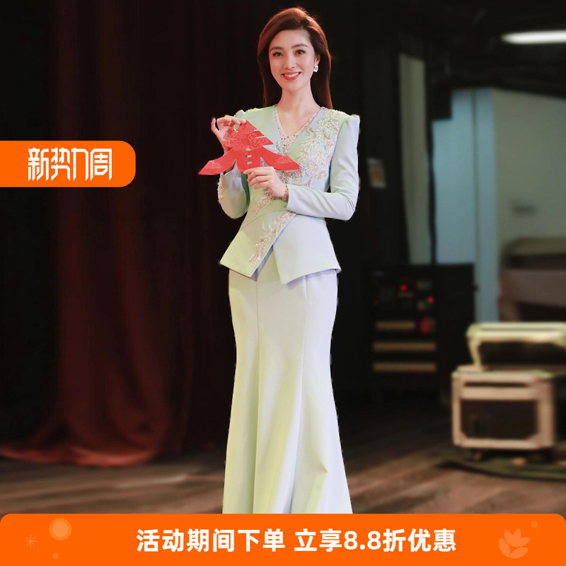 Blue Host Evening Dress 2026 New Model Dignified and Elegant for Art Exam Stage Speech Solo Performance Banquet Dress for Women