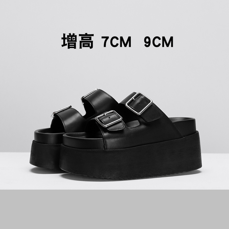 9cm Black Thick-Soled Summer Sandals for Women, Platform Slip-On Genuine Leather Height-Increasing Half Slippers for Petite Women 9cm Black Thick-Soled Summer Sandals for Women, Platform Slip-On Genuine Leather Height-Increasing Half Slippers for Petite Women
