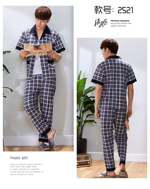 Kangyi bộ đồ ngủ cotton mới của nam giới mùa hè quần ngắn tay cardigan cotton kẻ sọc dịch vụ tại nhà của người đàn ông hai mảnh phù hợp - Bên ngoài ăn mặc