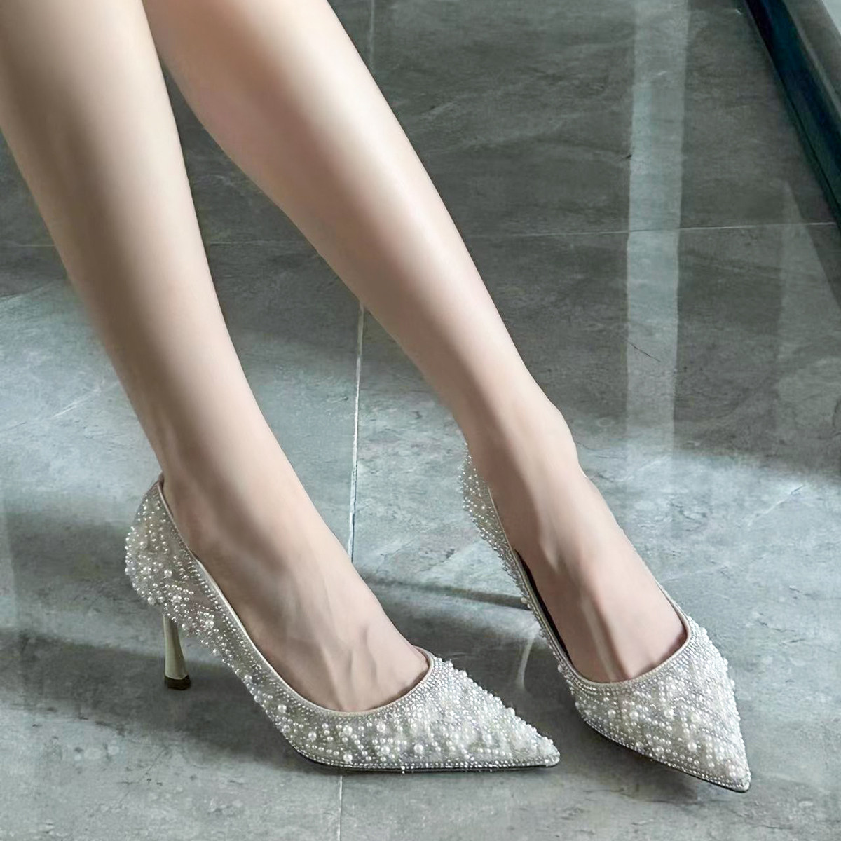 Rare Yia's New Pointed Crystal Pearls Full Drill High Heels Woman Not Tired Feet Fine With Single Shoes Everyday Wedding Shoes-Taobao