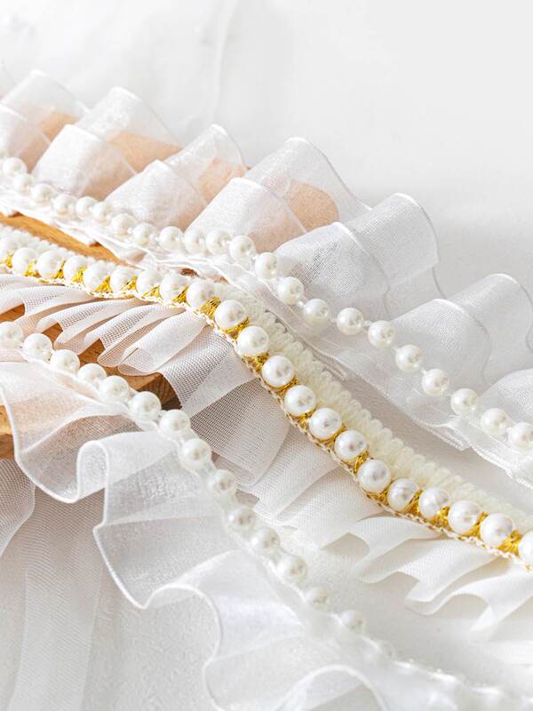 Pearl Lace Trim Handmade DIY Mesh Fabric Extended Doll Clothing Pleated Decorative Fabric Skirt Hem Neckline