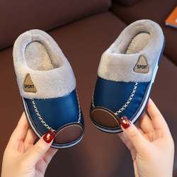 Children's cotton slippers for men and women in winter pu leather waterproof plus velvet thickened warm anti-slip large and medium children baby home shoes