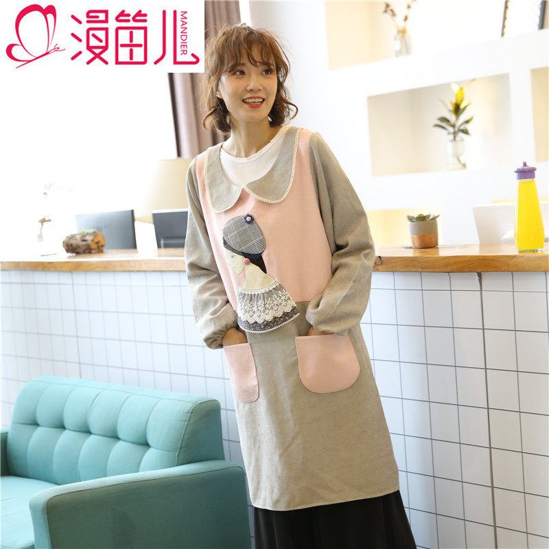 Comic Flute linen Korean version Fashion adult kitchen Anti-wear cute hood Cartoon working clothes Long sleeve apron