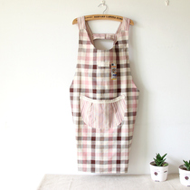 Simple fashion plaid striped stitching apron cotton linen large strap kitchen oil stain resistant kitchen bib
