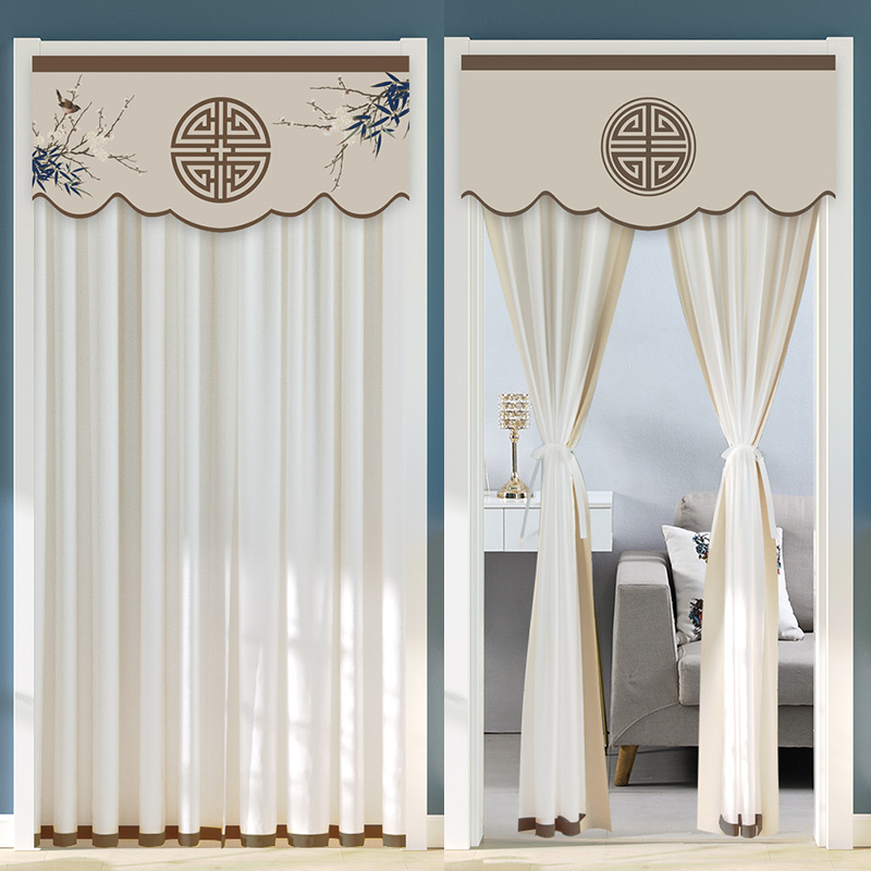 Summer Door Curtain Chinese Style Gauze Curtain Bedroom Lace Partition Feng Shui Privacy Curtain Double-Layer Fabric No-Drill Door Curtain