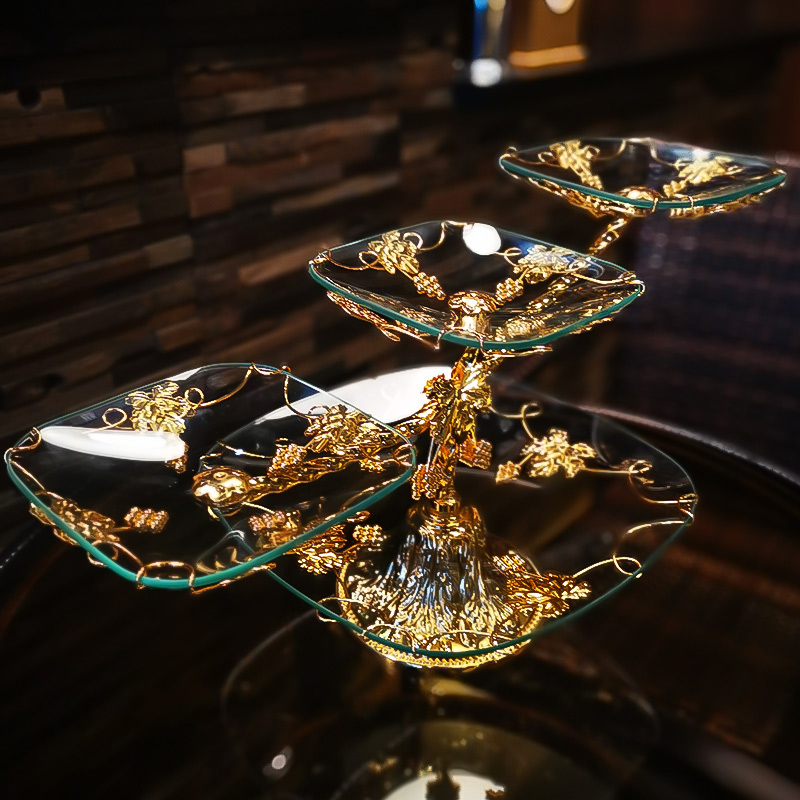 Fruit Plate for Living Room, Home Use, Elegant and Luxurious, Creative Coffee Table, Exquisite Presentation, Golden Glass, European Style Fruit Plate