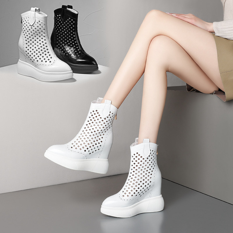 Within 12cm Heightening Women's Boots Summer Thin Paint Leather Hollowed-out Martin Short Boot 100 Lap Thick Bottom Ultra High Heel Breathable Cool Boots