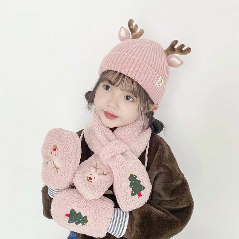 Scarf children's hat gloves scarf-three sets of boys autumn and winter female baby gloves wool line 1228d