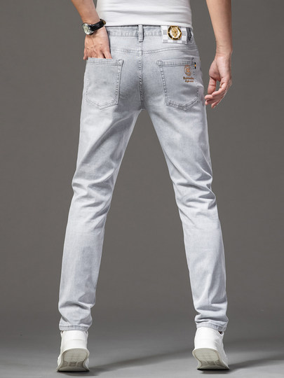 Lyocell Ice Silk Summer Thin High-End European Style Men's Slim Fit Skinny Jeans Light Gray Cropped Pants