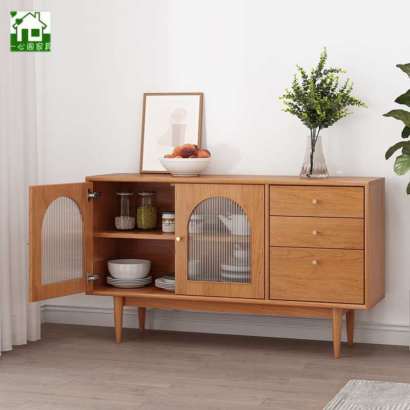Nordic solid wood sideboard glass door display cabinet storage cabinet Japanese-style living room rattan storage cabinet tea cabinet