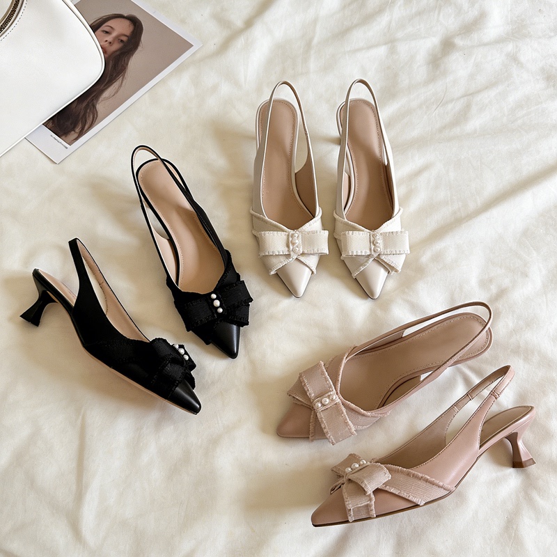 Jenny Shoes~2026 New Model Lambskin Sw Pointed-Toe Pearl Bow High-Heeled Open-Back Sandals for Women Commuting Ol