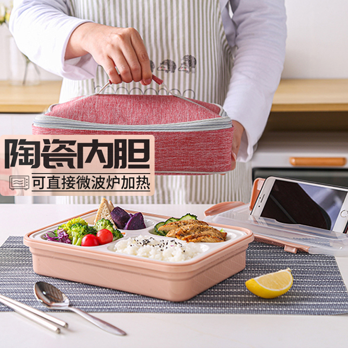 Insulated lunch box can be heated by microwave oven ceramic student office worker separated portable lunch box large capacity set