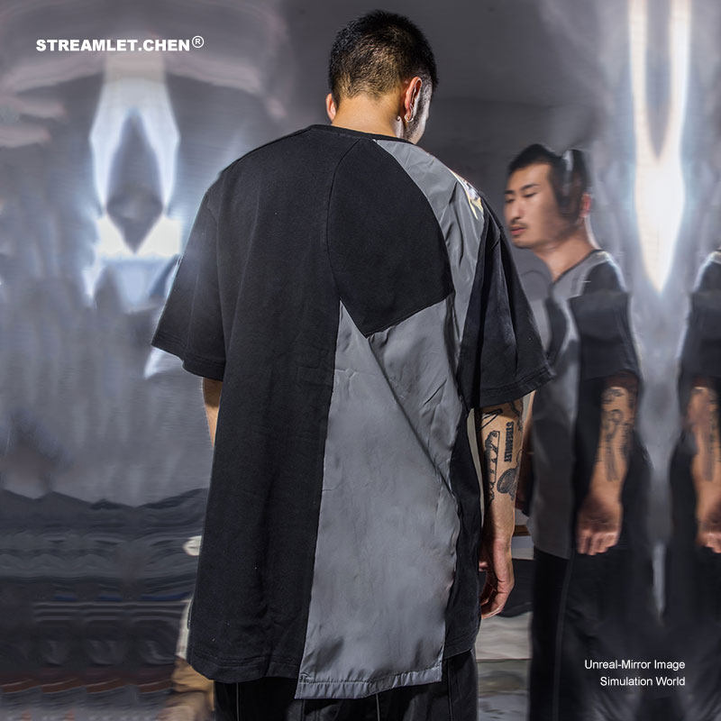 (Chaowoo exclusive) STREAMLET CHEN: mirror-full cut piece resolution anti-symmetric loose short sleeve T-shirt-Taobao