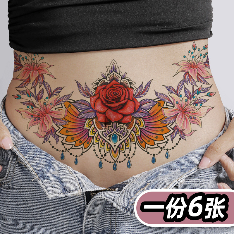 Sexy Floral Large Pattern Tattoo Stickers Waterproof for Women to Cover Stretch Marks and Scars on the Waist, Belly, and Lower Abdomen