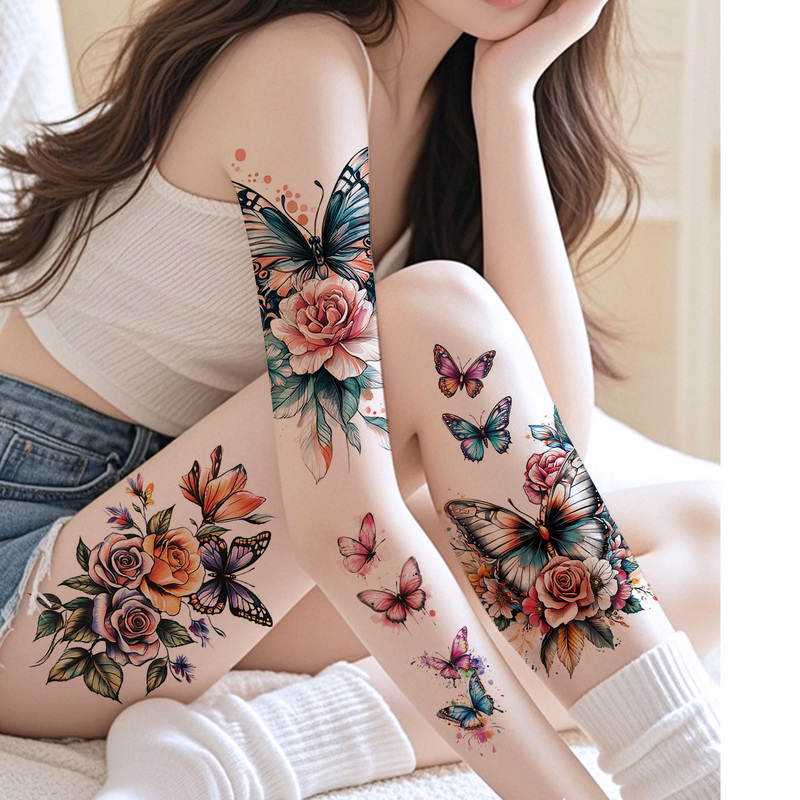 High-End Floral Butterfly Colorful Tattoo Stickers for Women, Waterproof, Energetic, Beautiful, Romantic, Sexy, Summery, Cool
