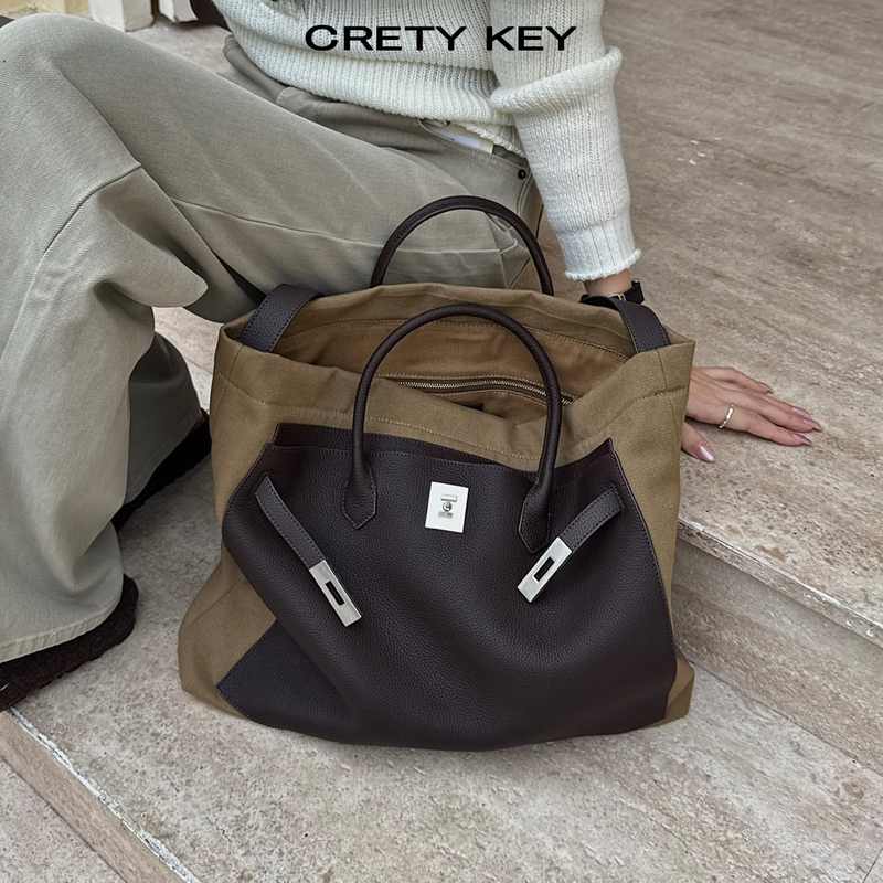 Niche Design Retro Canvas and First-Layer Leather Tote Bag with Multiple Compartments, Large Capacity Kelly Bag, Shoulder and Crossbody Bag