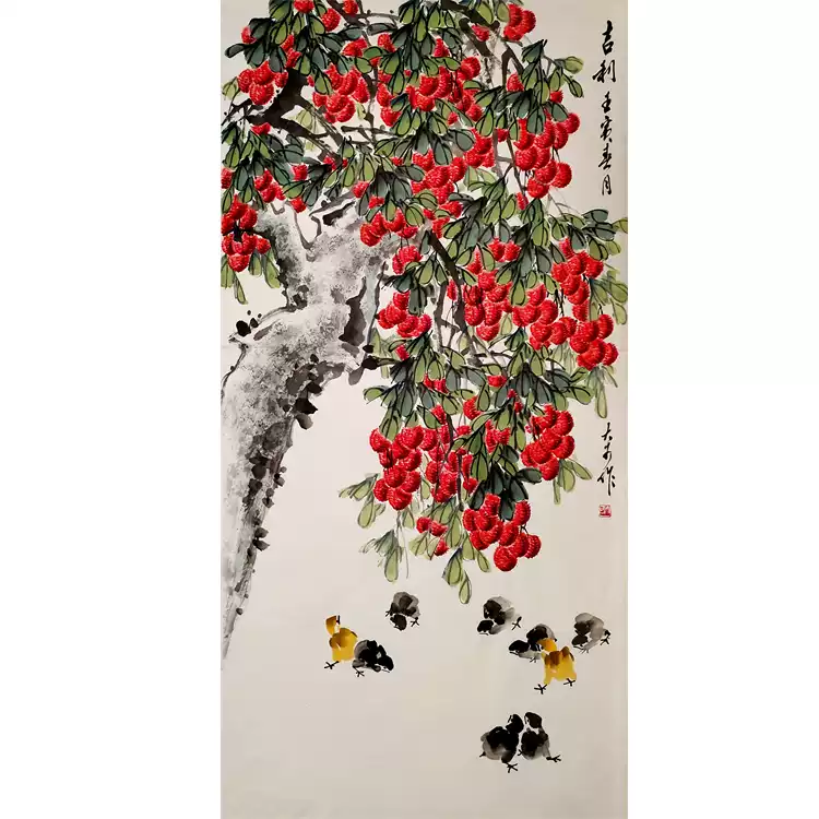 國畫寫意花鳥水墨真跡荔枝小雞圖四尺豎幅畫芯68cm*138cm-淘寶Taobao