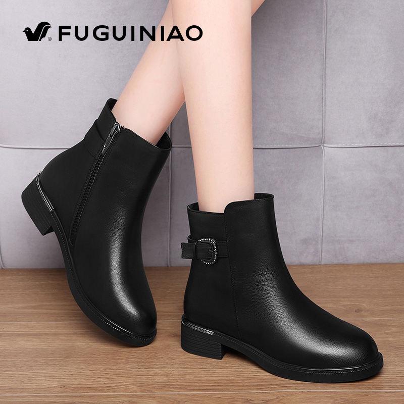 Rich bird women's shoes leather shoes Martin boots women's 2021 new winter boots plus velvet flat low-heeled short boots