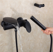 Wenjie North American clear hot and cold water all copper black waterfall bathtub faucet cylinder side shower set