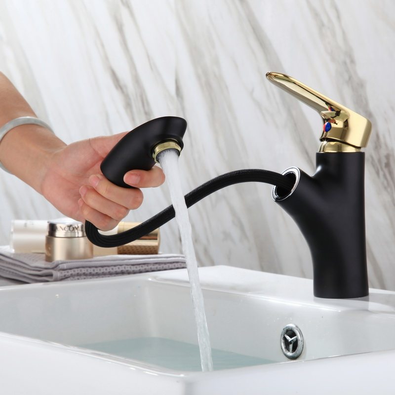 Wenjie European-style full copper pull-out cold and hot black surface basin tap with washbasin on the floor