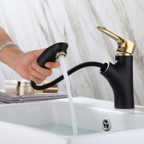 Wenjie European all-copper pull-out hot and cold black basin faucet table washbasin telescopic faucet