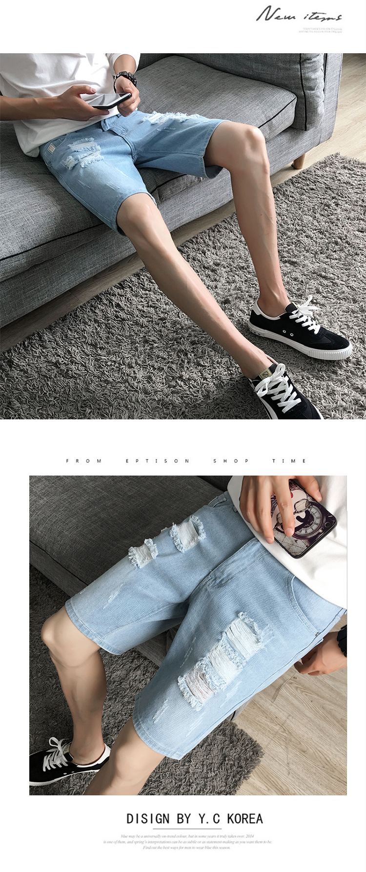 Mùa hè quần short denim lỗ của nam giới năm quần mùa hè phần mỏng cắt quần Hàn Quốc phiên bản của xu hướng tự canh tác 5 quần 7 quần