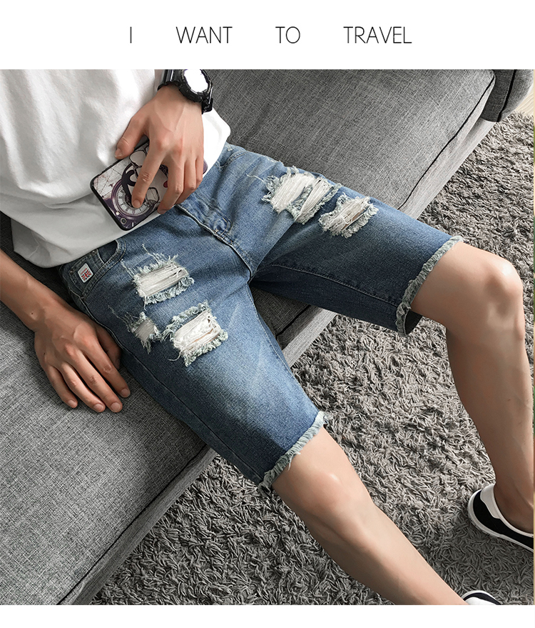 Mùa hè quần short denim lỗ của nam giới năm quần mùa hè phần mỏng cắt quần Hàn Quốc phiên bản của xu hướng tự canh tác 5 quần 7 quần