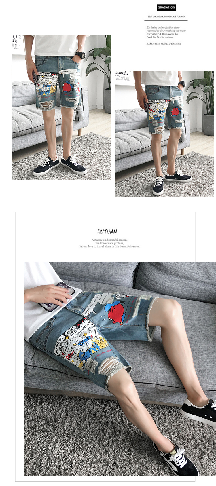 Mùa hè quần short denim lỗ của nam giới năm quần mùa hè phần mỏng cắt quần Hàn Quốc phiên bản của xu hướng tự canh tác 5 quần 7 quần