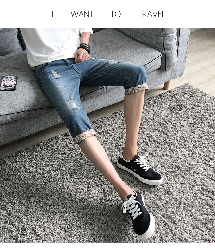 Mùa hè quần short denim lỗ của nam giới năm quần mùa hè phần mỏng cắt quần Hàn Quốc phiên bản của xu hướng tự canh tác 5 quần 7 quần