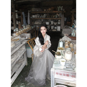Youwei【Gray Blue Tears】Early Autumn Gray Long Skirt for Women 2026 New High-Waisted Slimming Midi Skirt
