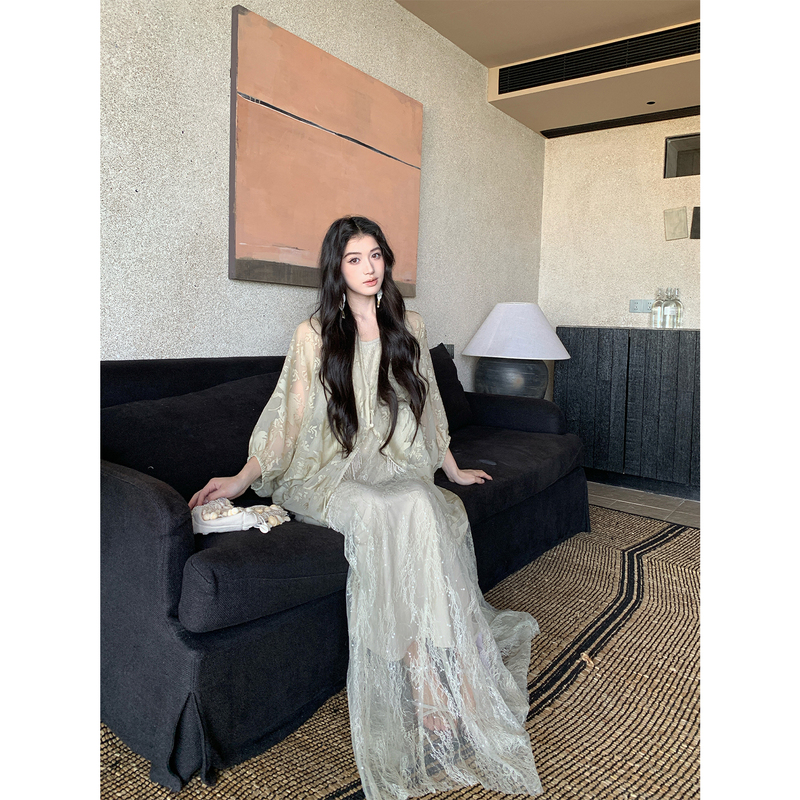 Youwei Early Spring Beautiful Dress for Women 2026 New Style New Chinese Style Lace Suspender Dress Long Dress Two-Piece Set