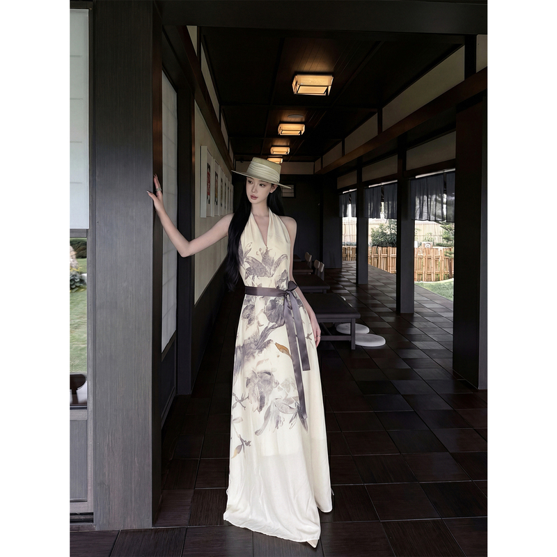 Youwei 2026 Stunning Dress for Women, Summer New Chinese Style V-Neck Halter Neck Sleeveless Tank Dress Long Dress