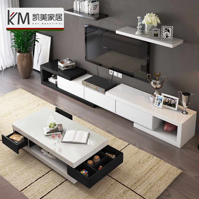 Minimalist modern tea table TV cabinet Pole minimalist Living room Home innate white baking lacquered small family type telescopic lockers