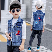 Boys denim 2021 new jacket spring spider-man vest childrens spring and autumn horse clip baby middle and large childrens spring section