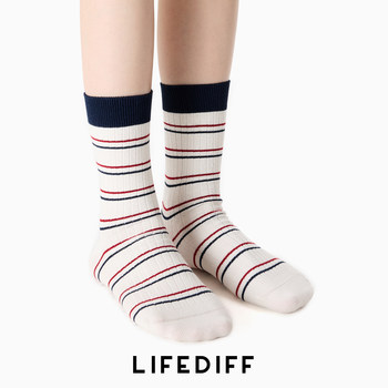 Long Socks, Mid-Calf Socks, Cotton Socks, Double-Needle Seamless, Spring and Summer Color-Blocked Stripes, Spring and Autumn Style, Sweat-Absorbent, Breathable, Trendy Socks for Women
