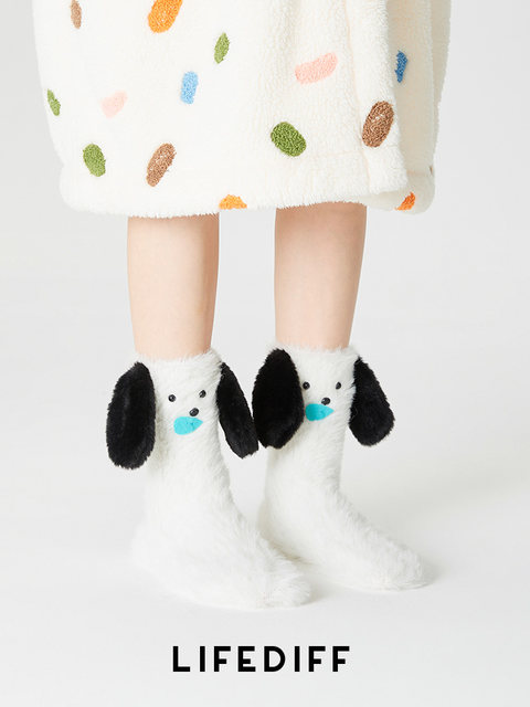 Thickened Warm Plush Floor Socks, Autumn and Winter Sleep Socks, Mid-Calf Socks with 3D Ears, Cute Home Socks for Girls