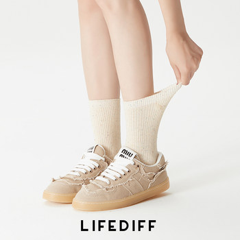 Button Accessories, Colorful Dotted Yarn Mid-Calf Socks, Autumn and Winter Japanese-Style Beige Vertical Stripe Cotton Socks, Spring and Autumn Socks for Women to Pair with Small Leather Shoes