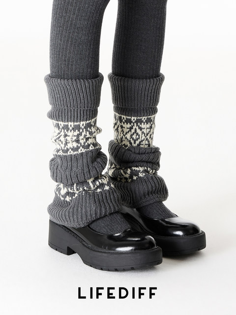 Wool Autumn and Winter Dark Gray Slouch Socks, Calf Leg Warmers, Vintage Fair Isle Thickened Warm Sock Covers for Women, Paired with Small Leather Shoes