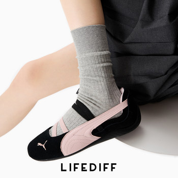 Thin Breathable Gray Socks for Women, Suitable for Spring and Summer, with Double-Needle Vertical Stripes, Seamless Mid-Calf Cotton Socks, Slouch Socks, Long Socks