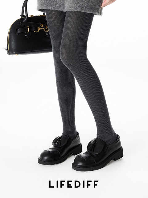 Miu Series Wool-Containing Thermal Slimming Gray Autumn and Winter Leggings with Footed Tights and Vertical Stripes
