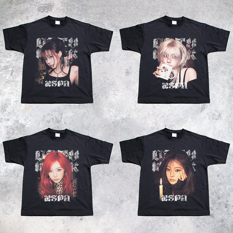 Aespa Girl Group Kim Daewon, Lee Ji-Min, Gisele, Ning Yizhuo Short-Sleeved Retro Printed Summer Breathable Quick-Drying T-Shirt Aespa Girl Group Kim Daewon, Lee Ji-Min, Gisele, Ning Yizhuo Short-Sleeved Retro Printed Summer Breathable Quick-Drying T-Shirt